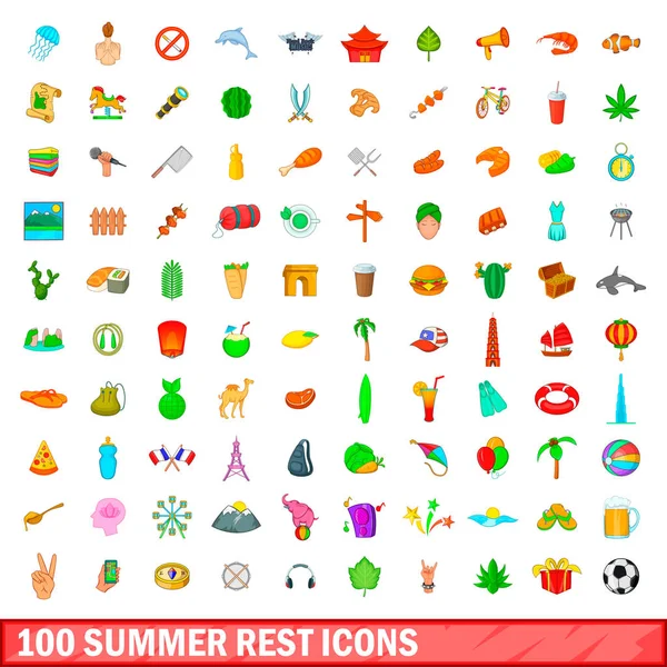 100 set di icone per il riposo estivo, stile cartone animato — Vettoriale Stock