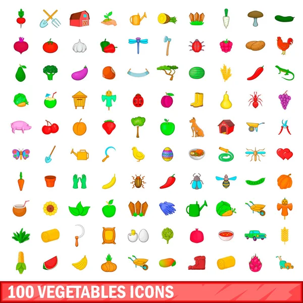 Ensemble de 100 icônes de légumes, style dessin animé — Image vectorielle