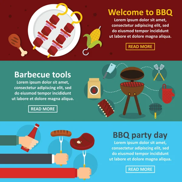 Barbecue party banner horizontal set, flat style — Stock Vector