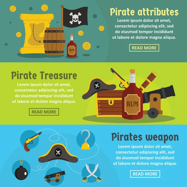 Atributo pirata banner conjunto horizontal, estilo plano — Vector de stock