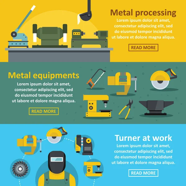 Set orizontal banner de lucru metalic, stil plat — Vector de stoc
