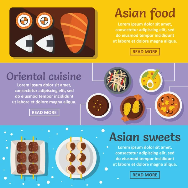 Asian food banner horizontal set, flat style — Stock Vector