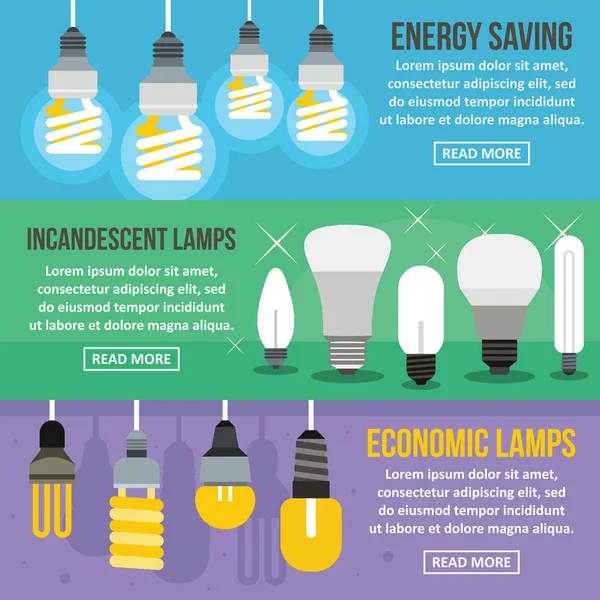 Sistema horizontal de la bandera de la energía de la lámpara, estilo plano — Vector de stock