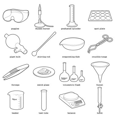 Kimyasal laboratuvar araçları Icons set, anahat stili