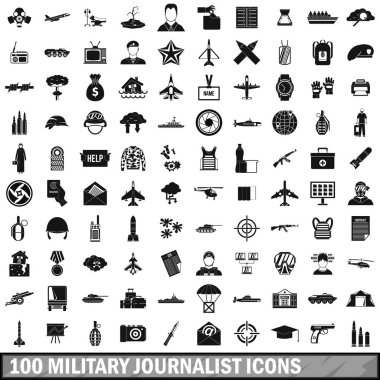 100 askeri gazeteci Icons set, basit tarzı