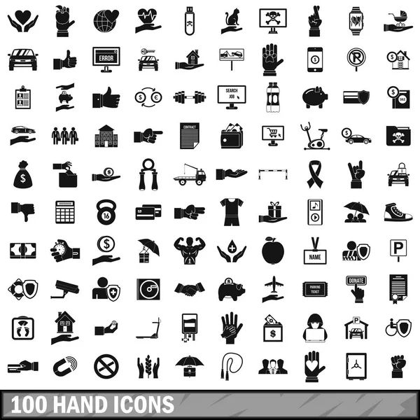 100 Handsymbole gesetzt, einfacher Stil — Stockvektor