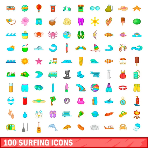 100 значків серфінгу, мультиплікаційний стиль — стоковий вектор
