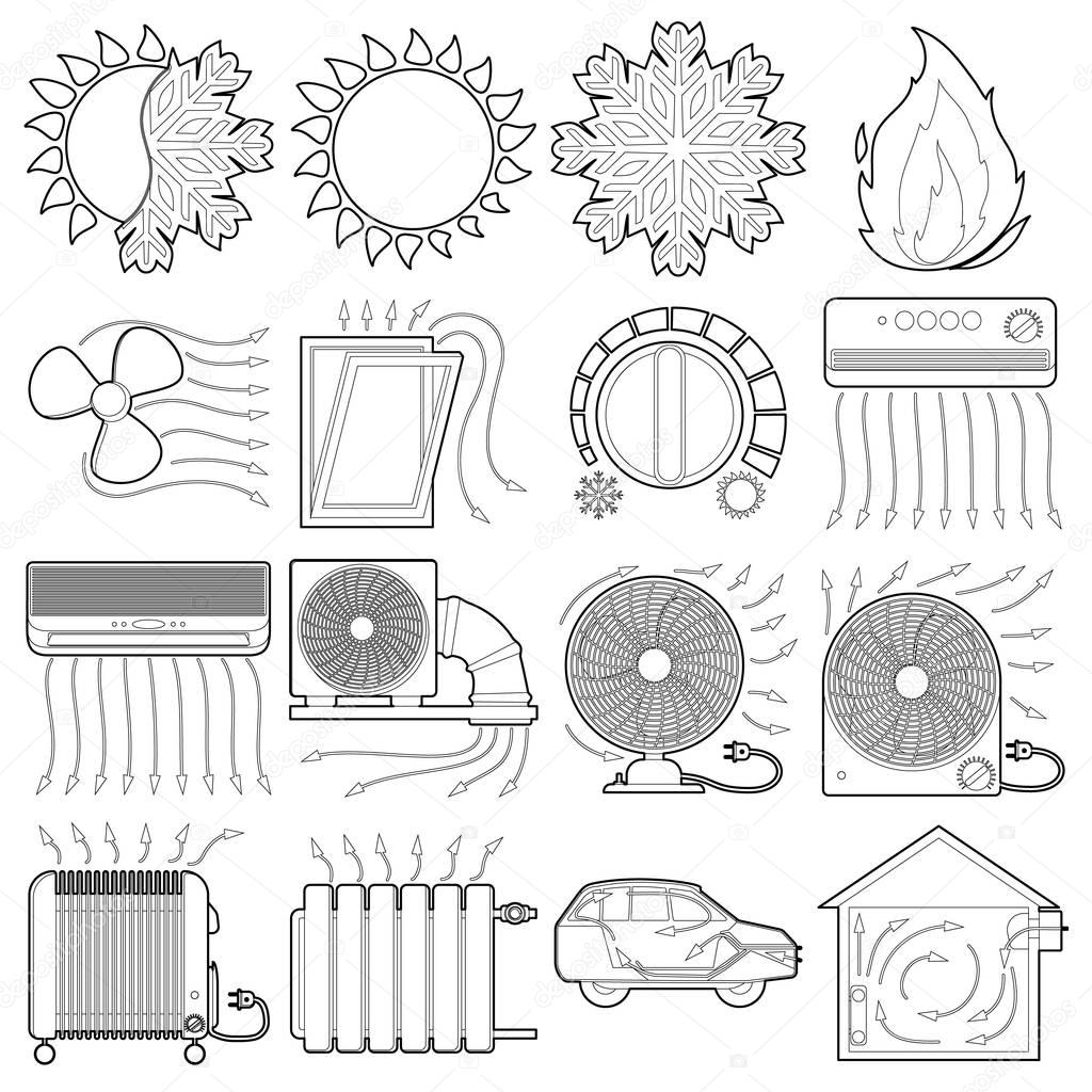 Heat cool air flow tools icons set, outline style