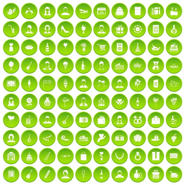 100 birthday icons set green circle — Stock Vector