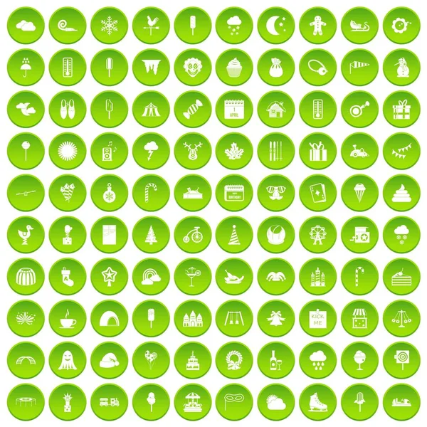 100 childrens parties icons set green circle — Stock Vector