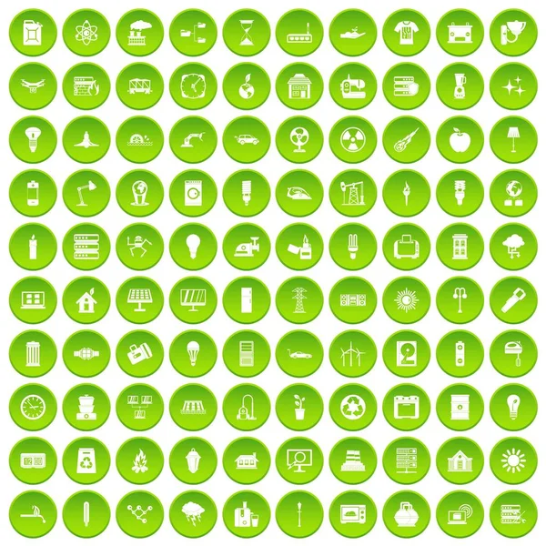 100 elektřiny ikony nastavit zelený kruh — Stockový vektor