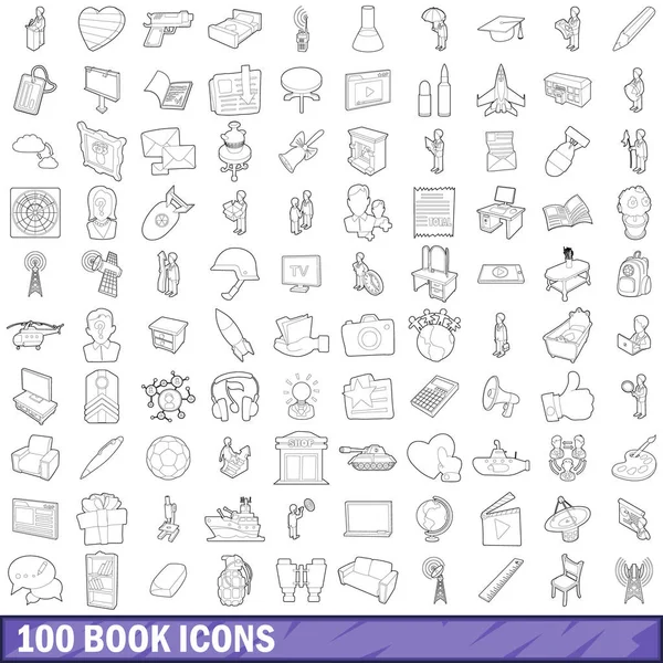 Conjunto de 100 iconos de libro, estilo de esquema — Vector de stock