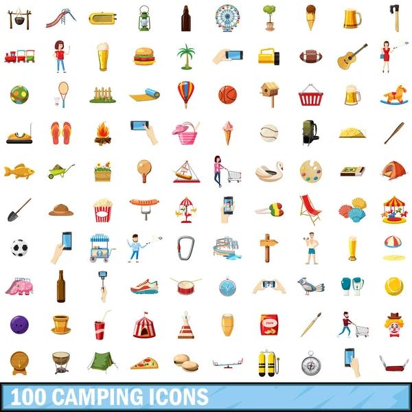 100 camping iconen instellen, cartoon stijl — Stockvector