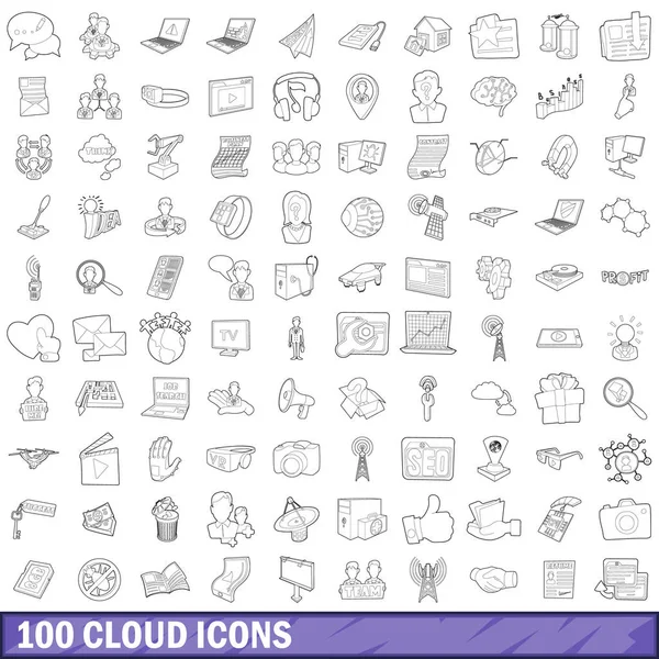 100 conjunto de ícones de nuvem, estilo esboço — Vetor de Stock
