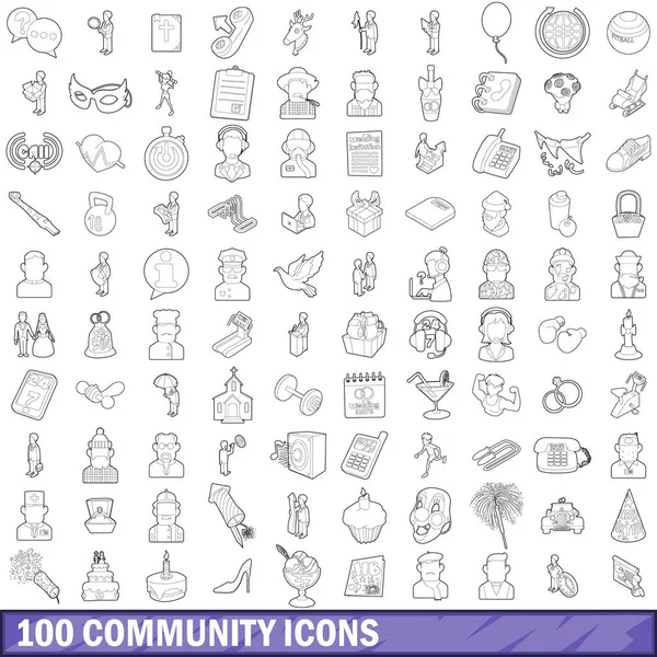 100 topluluk bulut Icons set, anahat stili