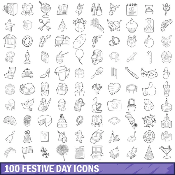 100 şenlikli gün Icons set, anahat stili