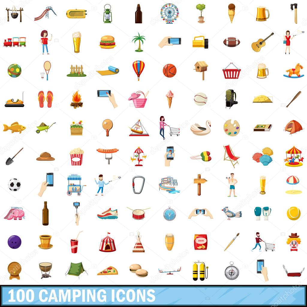100 camping icons set, cartoon style