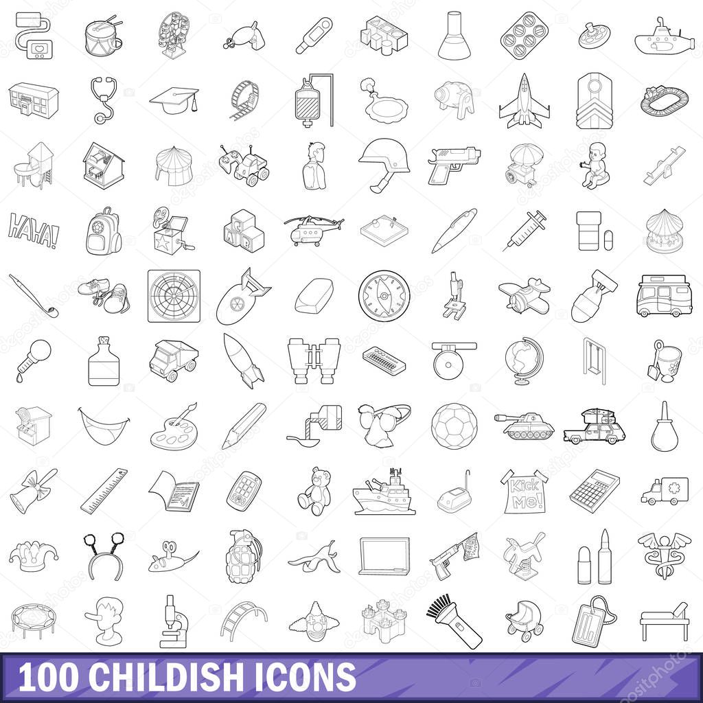 100 childish icons set, outline style
