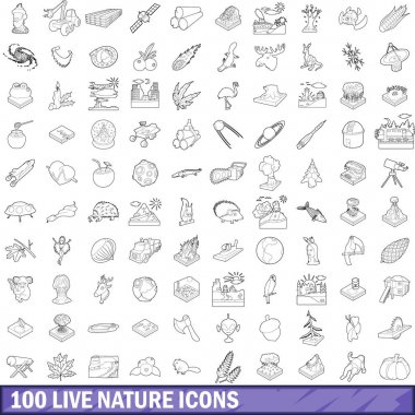 100 doğa Icons set, anahat stili yaşamak