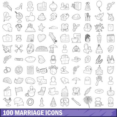 100 evlilik Icons set, anahat stili