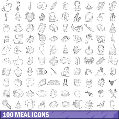 100 yemek Icons set, anahat stili