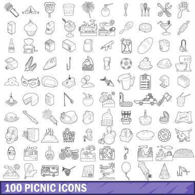 100 piknik Icons set, anahat stili