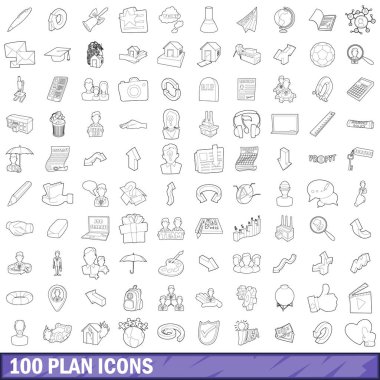 100 planı Icons set, anahat stili