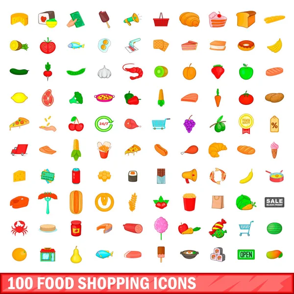 100 conjunto de ícones de compras de alimentos, estilo cartoon — Vetor de Stock