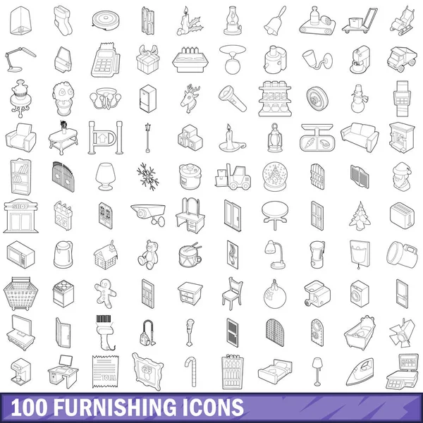 100 ikon meble zestaw, zarys styl — Wektor stockowy