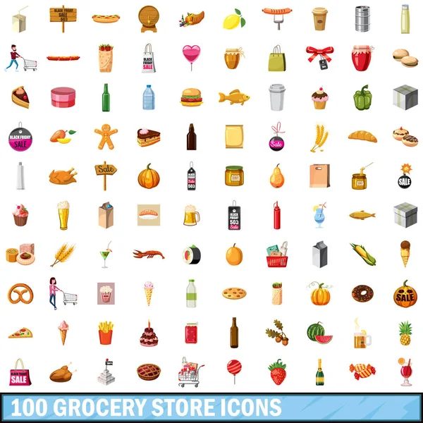 100 élelmiszerbolt ikonok beállítása, a karikatúra stílus — Stock Vector