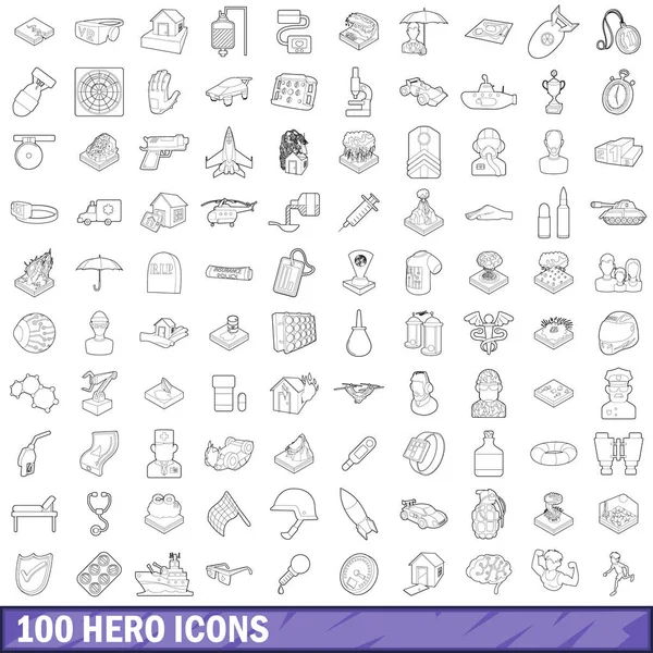 100 iconos de héroe conjunto, estilo de contorno — Vector de stock