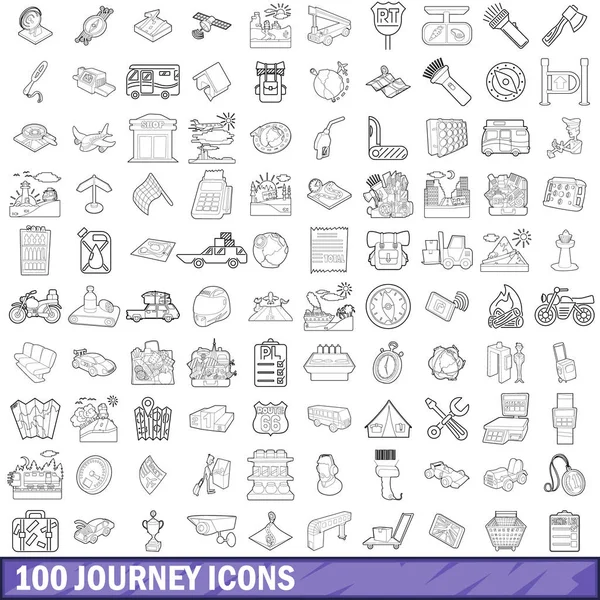 100 ikon perjalanan diset, gaya garis luar - Stok Vektor