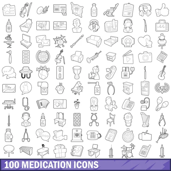 100 medication icons set, outline style — Stock Vector