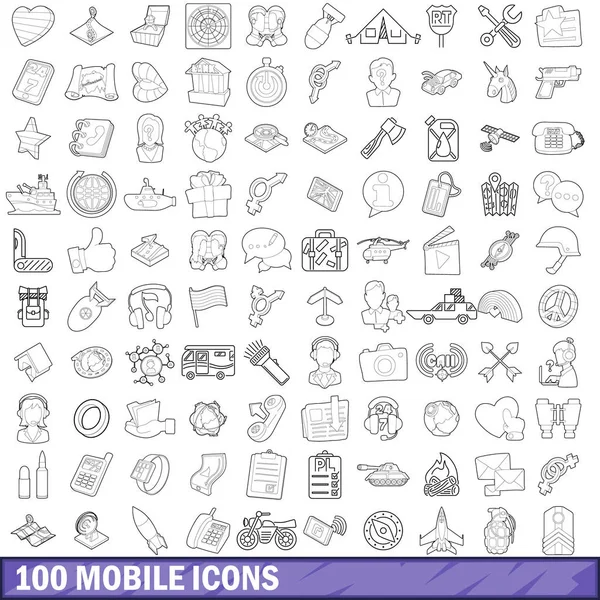 100 mobil Icons set, anahat stili — Stok Vektör