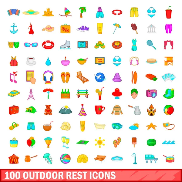 100 iconos de descanso al aire libre, estilo de dibujos animados — Vector de stock