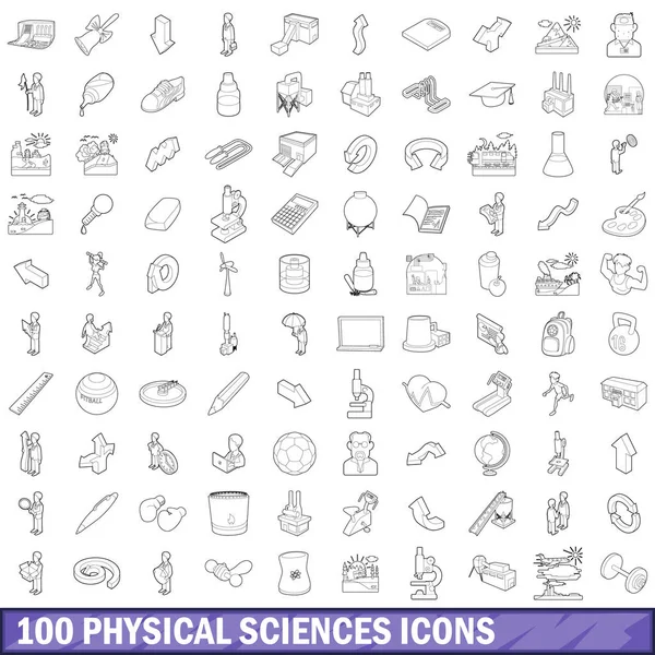 100 fiziksel bilimler Icons set, anahat stili — Stok Vektör