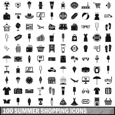 100 alışveriş Icons set, basit tarzı yaz