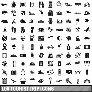 100 turistik gezi Icons set, basit tarzı