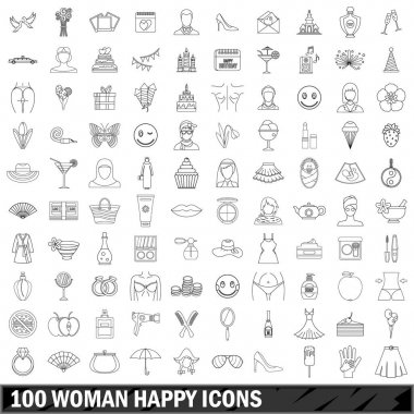 100 kadın mutlu Icons set, anahat stili