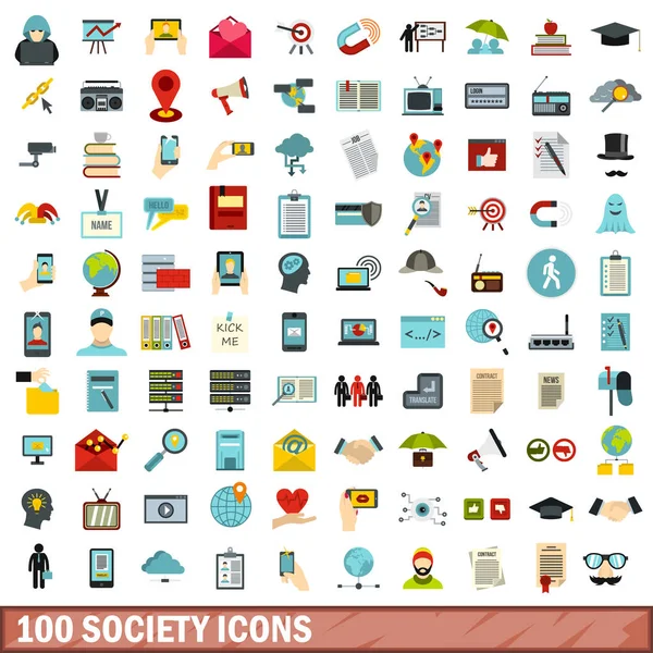 100 society icons set, flat style