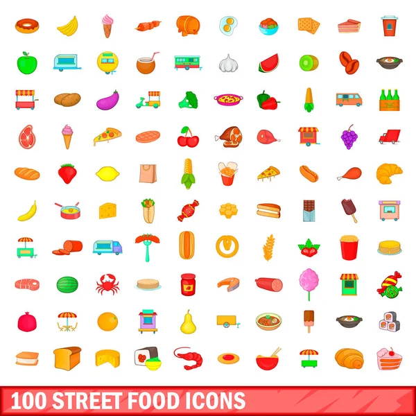 Ensemble de 100 icônes de la nourriture de rue, style dessin animé — Image vectorielle