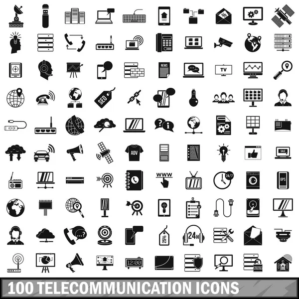 100 telekomünikasyon Icons set, basit tarzı
