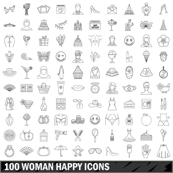 100 kadın mutlu Icons set, anahat stili