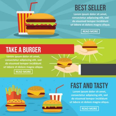 Fastfood lezzetli afiş yatay ayarlama, düz stil