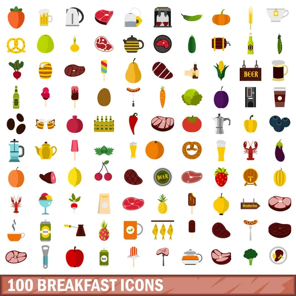 Ensemble de 100 icônes de petit déjeuner, style plat — Image vectorielle