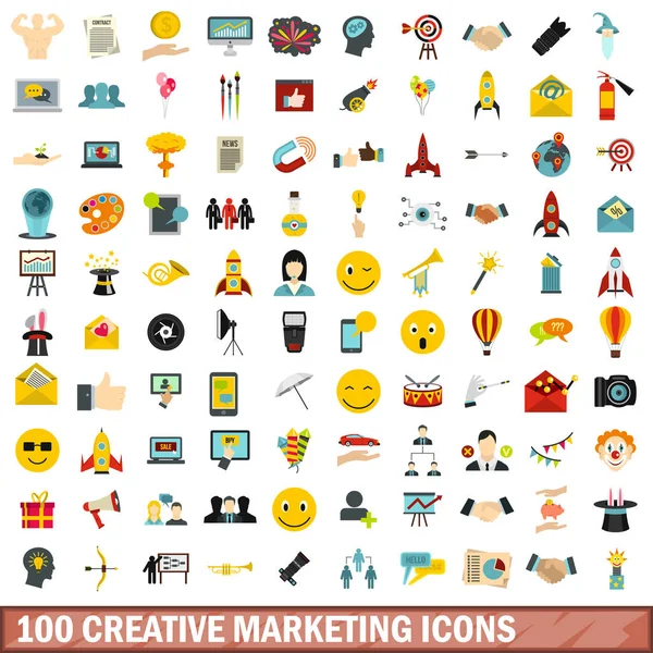 100 kreativa platt marknadsföring ikoner set, stil — Stock vektor