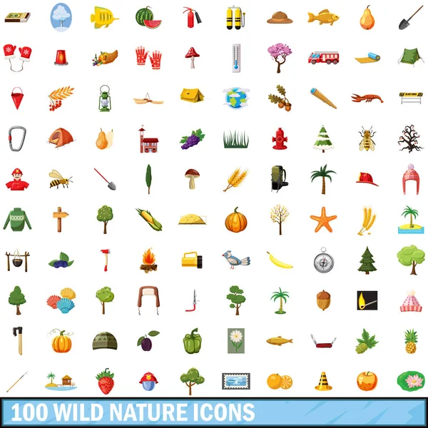 100 iconos de la naturaleza salvaje conjunto, estilo de dibujos animados — Vector de stock