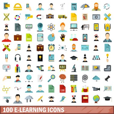 100 e-öğrenme Icons set, düz stil