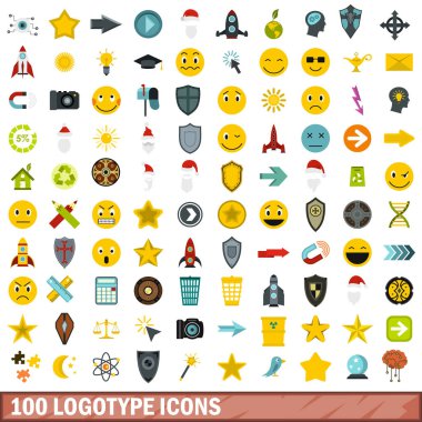 100 logo simge seti, stil düz