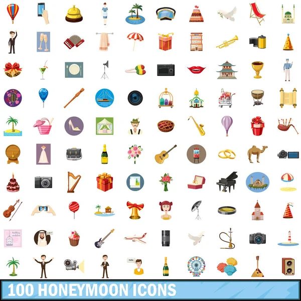 100 iconos de luna de miel conjunto, estilo de dibujos animados — Vector de stock